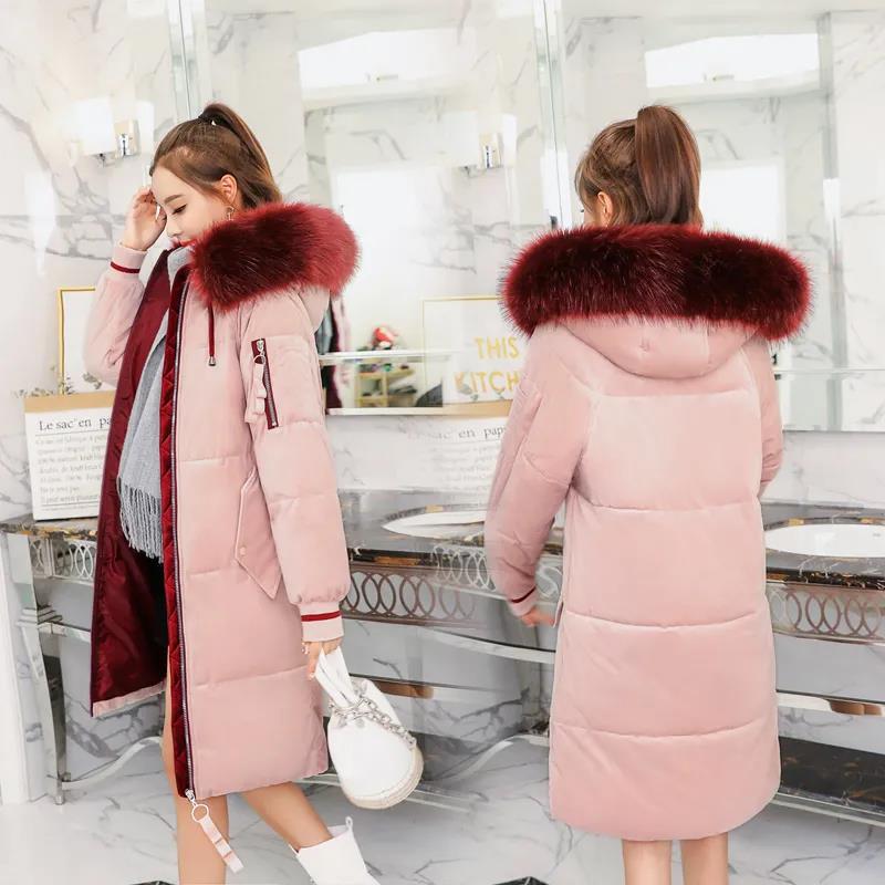 Women's Solid Color Down Jacket Mid-length Korean Loose Thick Coat Warm Cotton Coat Big Fur Collar Winter Clothes Quilted Coat