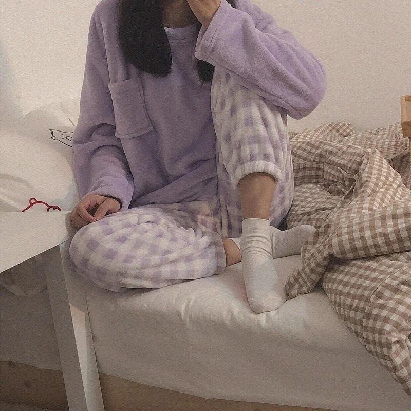 Women's Coral Fleece Pajamas Set Plus Fleece Korean Style Cute Plaid Loose Outer Wear Comfortable Homewear Solid Round Neck Pyjamas Set