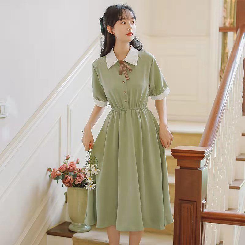 College Style Retro Slim Waist Temperament Dress Female Short-sleeved Mid-length Skirt A-line Skirt Bow Decoration Sweet and Cute