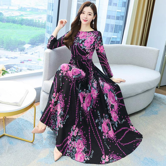 Women's Spring Summer Printed Long Sleeve Dress Autumn Loose Plus Size Casual Long Floral A-line Dress