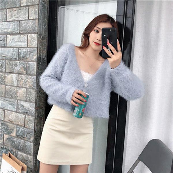 Autumn and Winter Imitation Mink Short Coat Long-sleeved Knitted Cardigan Long-haired Solid Color V-neck Sweater