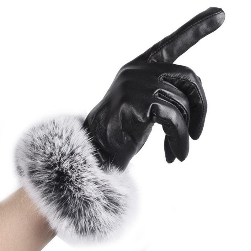 Women Lady Black Leather Gloves Autumn Winter Warm Rabbit Fur Mittens Worldmart