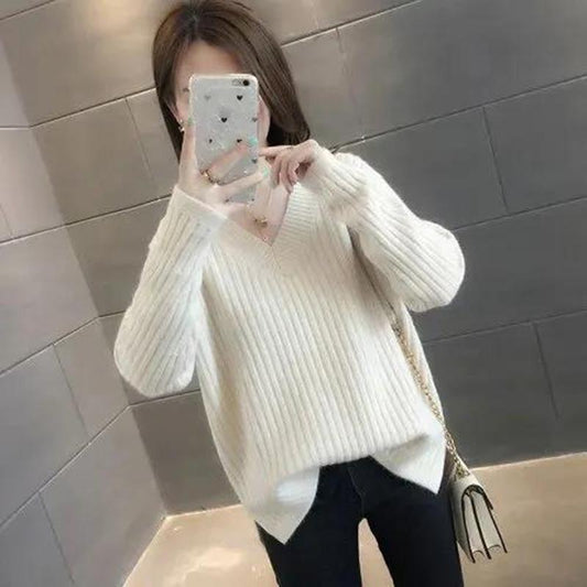 Autumn and Winter V-neck Short Bottoming Sweater Women Loose Pullover Sweater All-match Warm Top Women's Solid Color Sweater