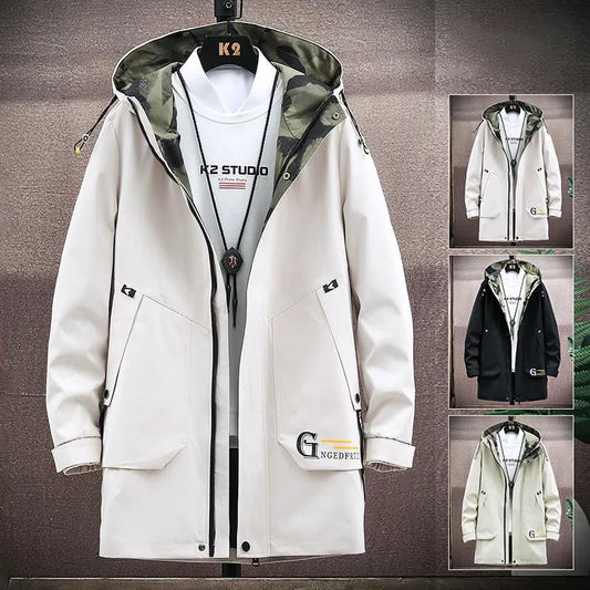 Spring & Fall Hooded Jacket Men Large Size Workwear Soft Comfortable Coat Solid Color Casual Windbreaker Long