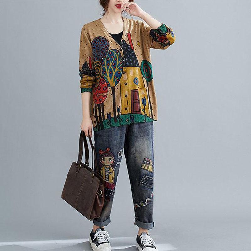 Vintage Art Plus Size V-neck Cardigan Coat Printed Long-sleeved Sweater Women Knitted Jacket with Pockets