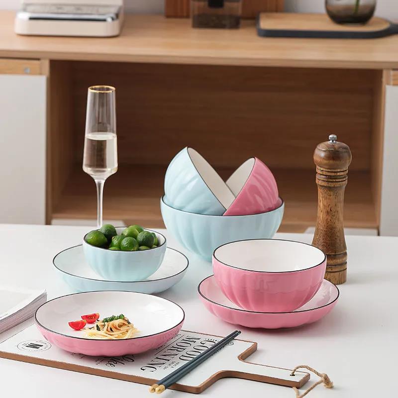 Household Dishes Set Creative Ceramic Bowl Plate Japanese Noodle Soup Bowl Eating Bowl Pumpkin Bowl Plate Dinner Plate Dish