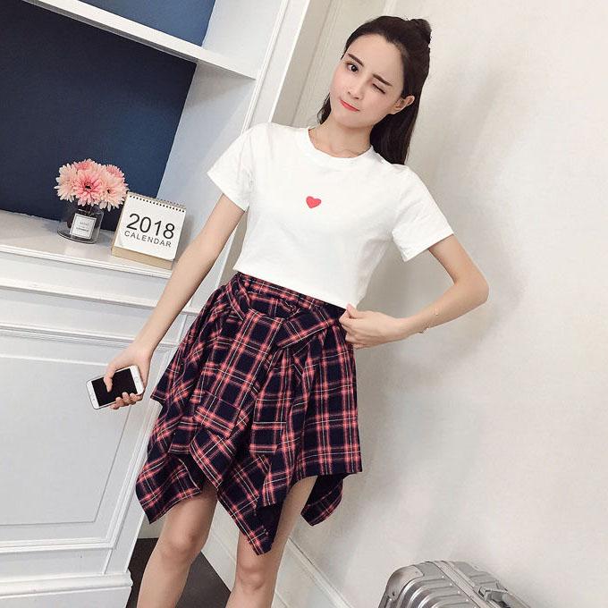 Women Summer Casual Suit Skirt Female Vintage Short Sleeve T-shirt Two High Waist Irregular Lattice Skirt Set