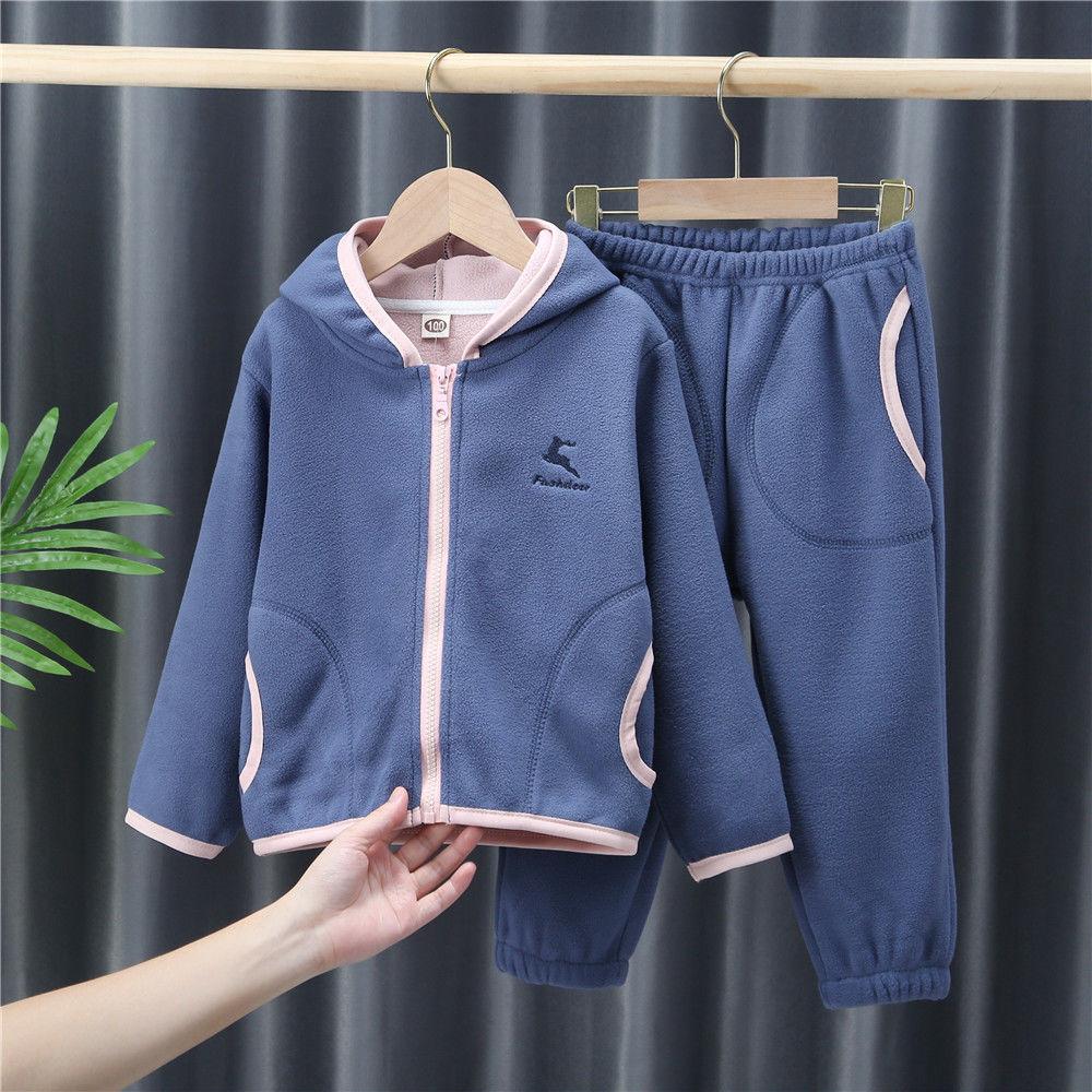 Children's Polar Fleece Suit Spring and Autumn Big Children's Fleece Warm Top Pants Two Boys and Girls Hooded Plus Fleece