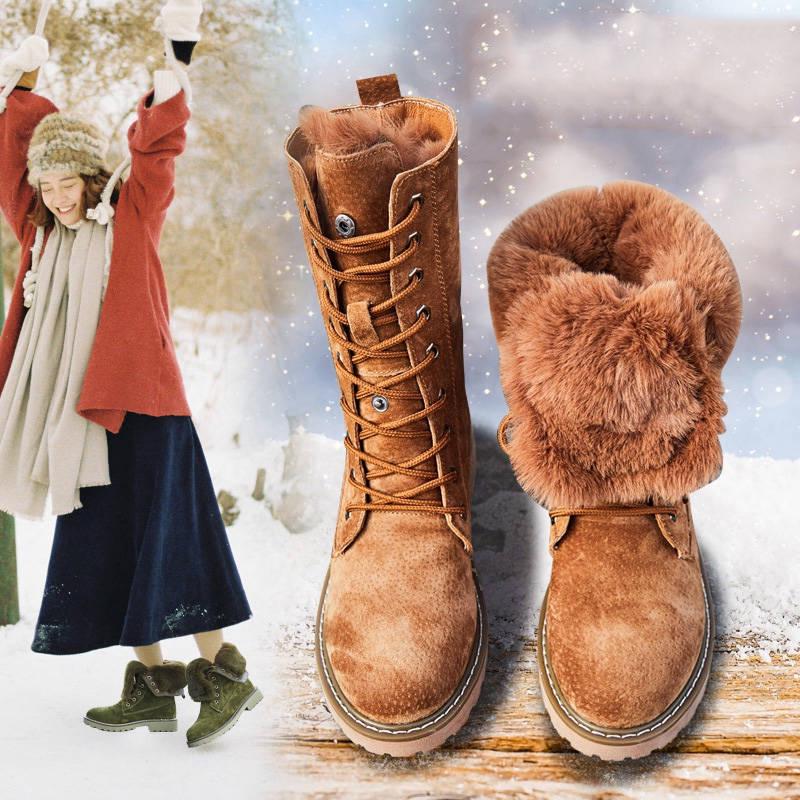 Women Boots Winter Fur Martin Boots Female Leather Snow Boots Women High Tube Warm Cotton Boots