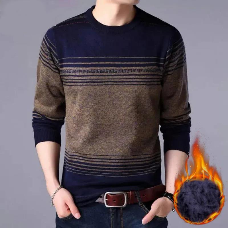 WTEMPO Men Pullover Cashmere Padded Warm Shirt Round Neck Striped Shirt Winter Soft and Comfortable Pullover