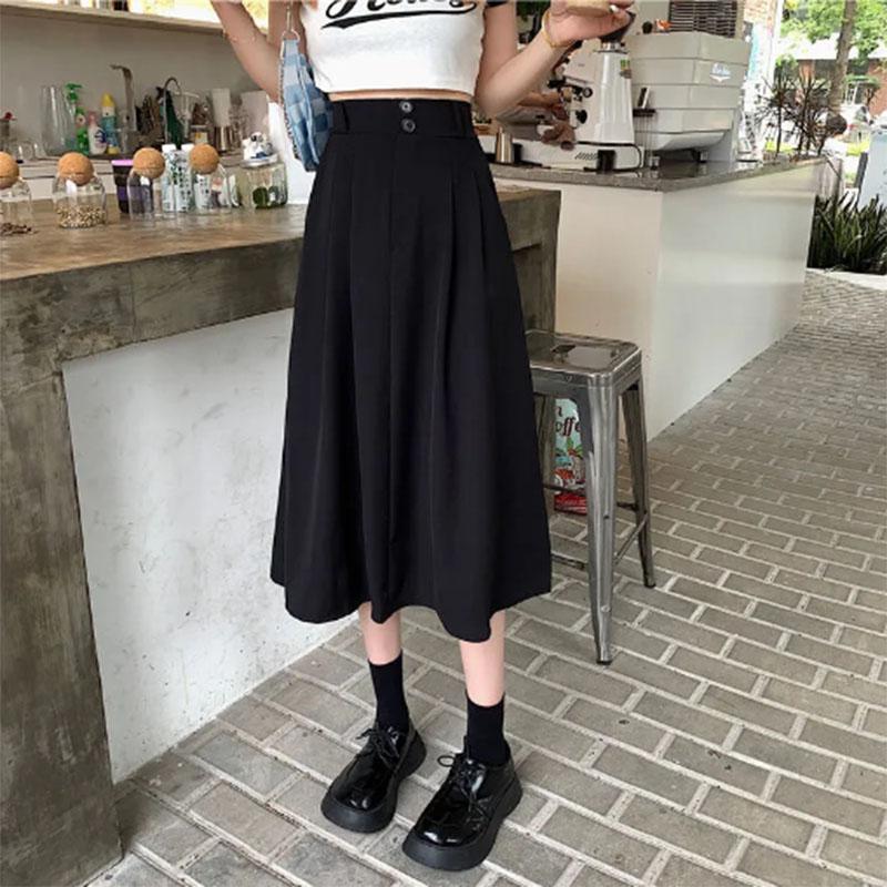 Korean Version of Spring Clothing Solid Color Fashion Two Button Design High Waist Slim Skirt A-line Midi Skirt Women's Trend