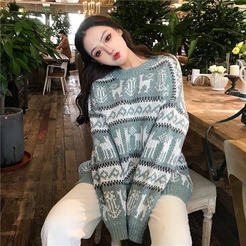 Pofulove Autumn Winter Retro Lazy Loose Vintage Mid-length Women Pullover Thickened Christmas Red Sweater