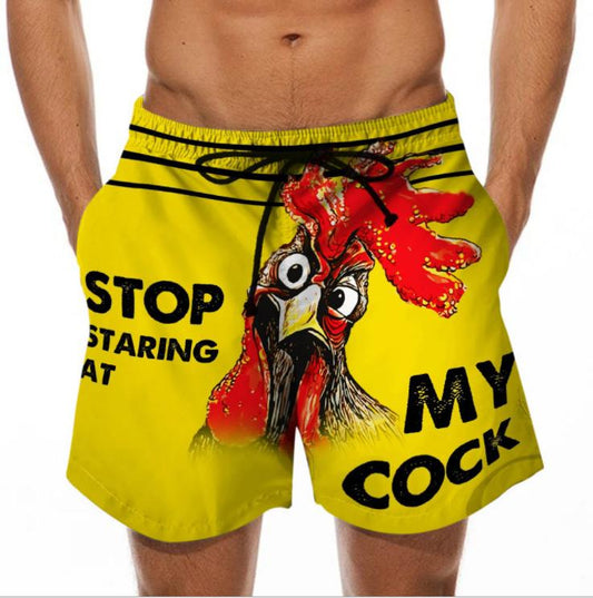 Men's Beach Shorts Fun 3D Chicken Head Print Swimming Trunks Spoof Pattern Shorts