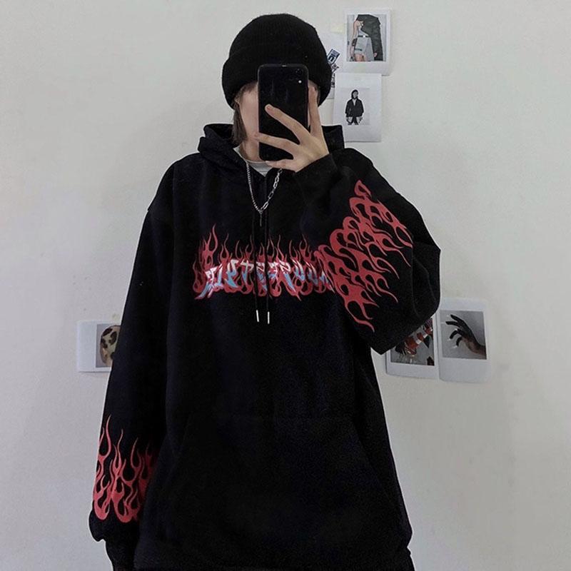 Spring Autumn Winter Street Hip Hop Retro Flame Print Loose Hooded Velvet Sweater Women's Tops