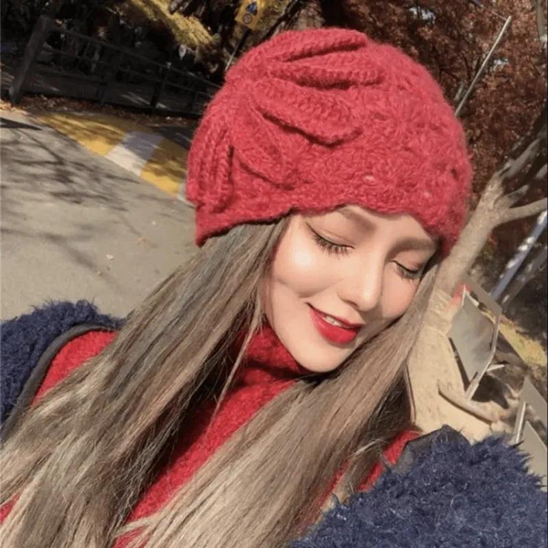 Knitted Hat Woman Autumn and Winter Wild Handmade Flower Warm Sweater Hat Bag Head Month Cap