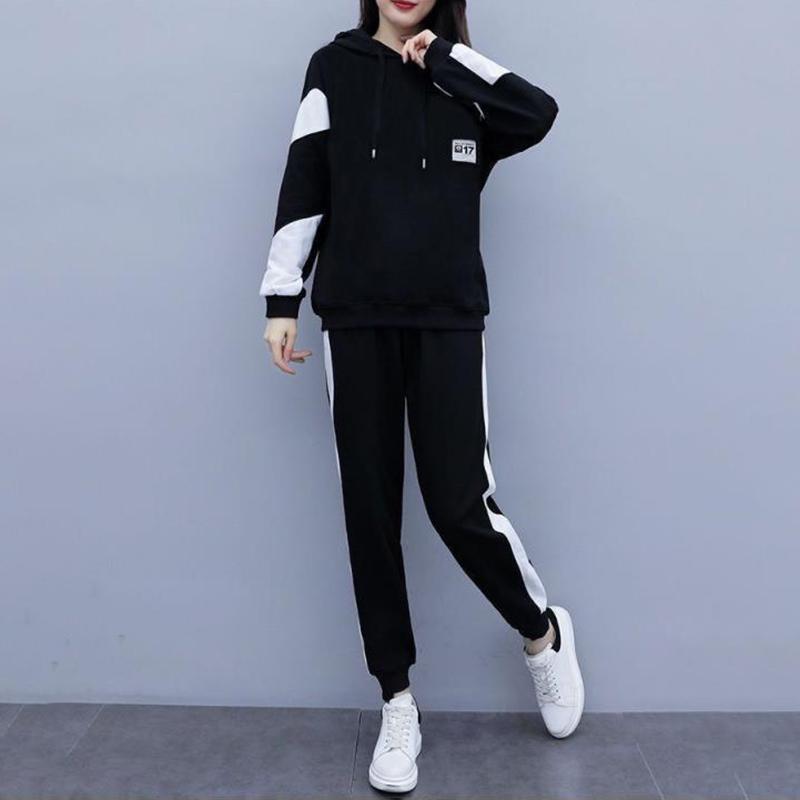 Women's Black and White Stitching Color Hoodie Suit Women's Loose and Thin Leisure Sports Two-piece Hooded Sweater Loose Sweatpants