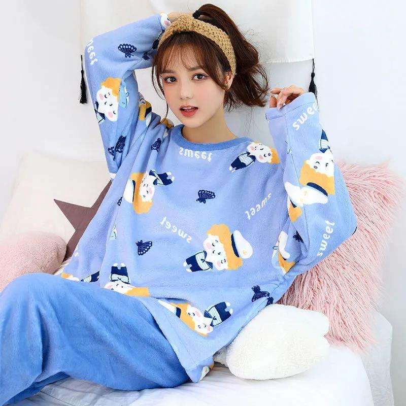 Winter Coral Fleece Pajamas Set Flannel Cute Cartoon Printing Home Wear Thickened Warm Ladies Autumn Winter Long-sleeved Sleeping Suit Trousers Set