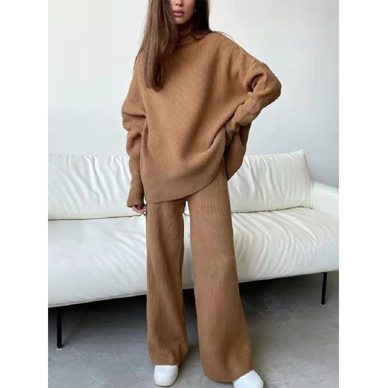 2PCS Long Sleeve Sweater Wide Leg Pants Trousers Loose Turtleneck Knit Sweater Casual Two Piece Sweater Set Solid Color Sweat Suits For Women