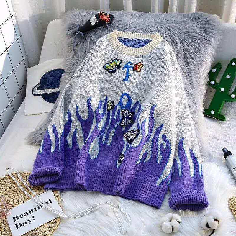 Women Flame Butterfly Embroidery Knit Sweater  Loose Casual Sweater Warm Pullover Sweater Coat Outer Wear Autumn Winter