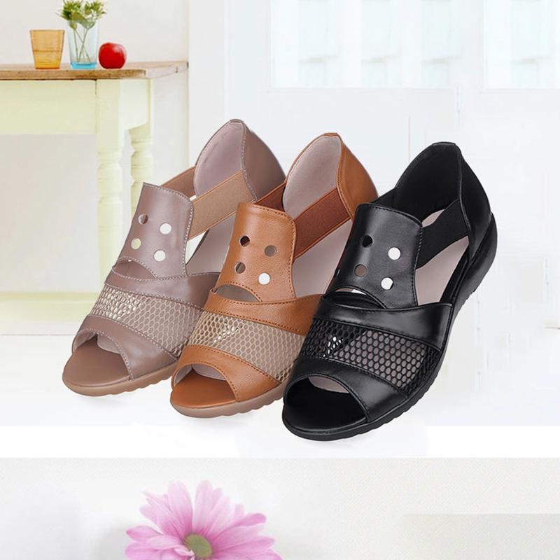 Summer Hollow Female Sandals Low Heel Flat Fish Mouth Mother Casual Leather Shoes Middle-aged and Elderly Set Foot Women's Shoes