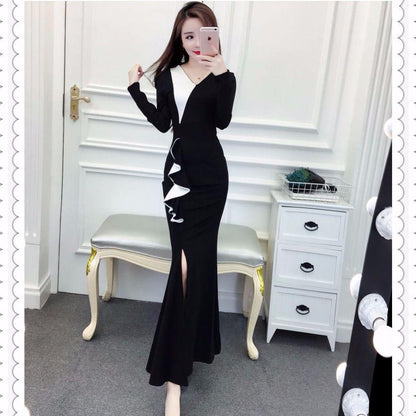 Sexy Women Dresses Bodycon  Elegant Office Lady Vintage Long Sleeve Tops Long Tank Party Dress