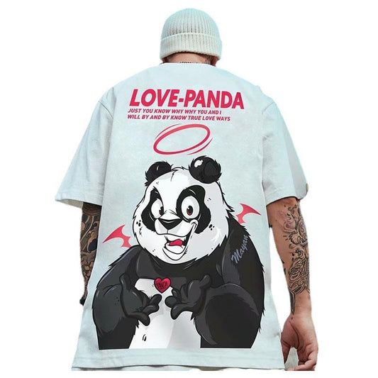 Hip Hop Youth T-shirts Trendy Personality Tees Love Panda Print Shirt O-neck Short Sleeve Casual Loose Pullover Summer Oversize