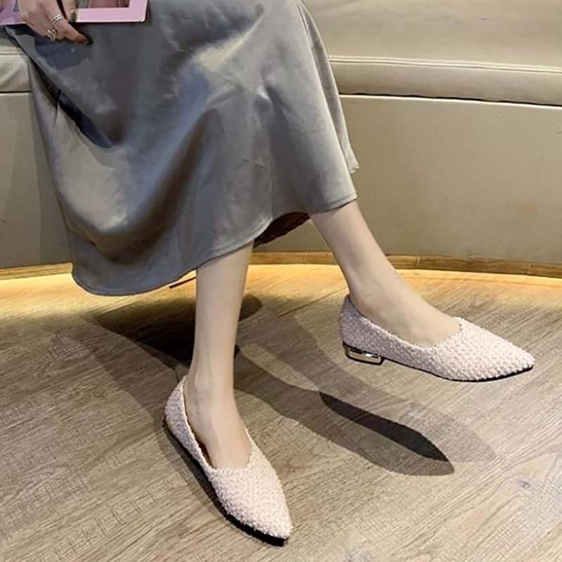 Low-heeled Shoes Spring Single Shoes Female Students Korean Version of All-match Pointed Toe Shallow Mouth Pedal Thick Heel Peas Shoes