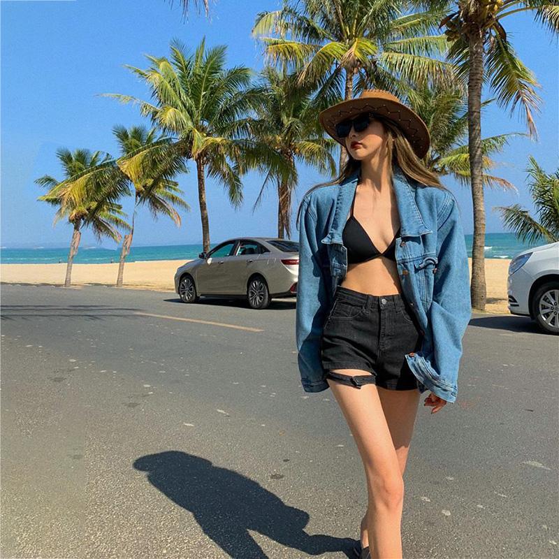 WTEMPO Cool Wild Girl Hig Waist Denim Shorts Women Loose Spring and Summer Wide Leg A-line Thin Casual Shorts