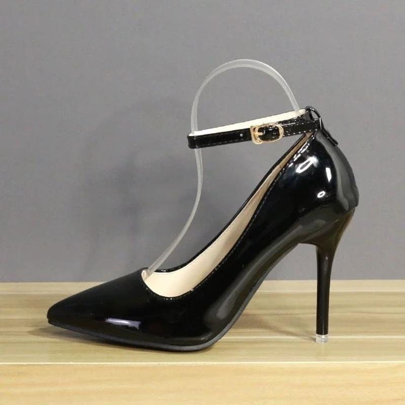 35-45 Large Size Buckle High Heels Female Patent Leather Stiletto Black Professional Work Shoes Reverse String High Heels