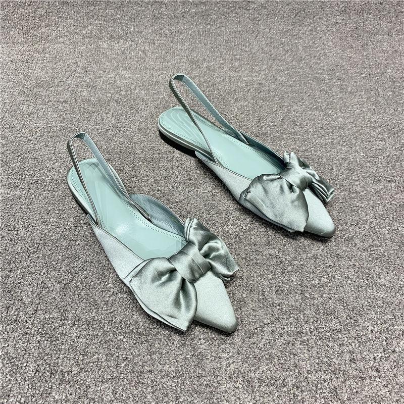 European Women's Shoes Summer Pointed Shallow Mouth Bow Single Shoe Cover Foot Flat Retro Sandals