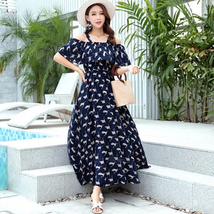 Pofulove Women Plus Size Sexy Off Shoulder Strap Dress Long A-line Sun-dresses Bohemian Beach Dress