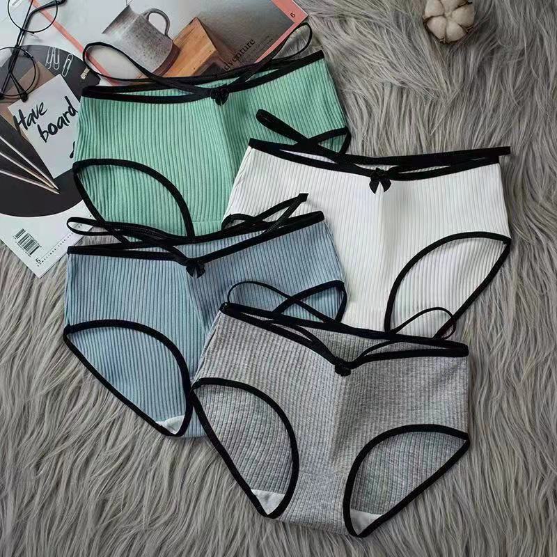 4PCS Women's Cotton Underwear Sexy Low Waist Underwear Antibacterial Underwear Girl Student Japanese Simple and Comfortable Briefs Bow Tie Panties