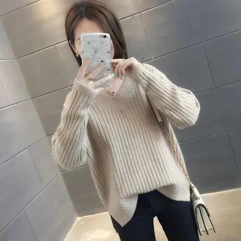 Autumn and Winter V-neck Short Bottoming Sweater Women Loose Pullover Sweater All-match Warm Top Women's Solid Color Sweater