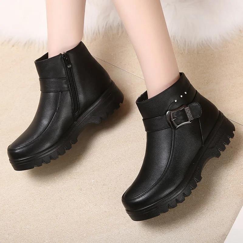 Winter Snow Cotton Shoes Women Plus Velvet Padded Short Boots Non-slip Soft Flat Leather Shoes