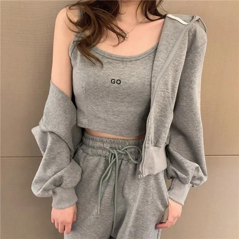 3PCS Women's Casual Sports Suit Autumn Loose and Thin Sweater Coat + Vest + Leggings Trousers Three-piece Zipper Cardigan Suit Girls Athletic Clothing