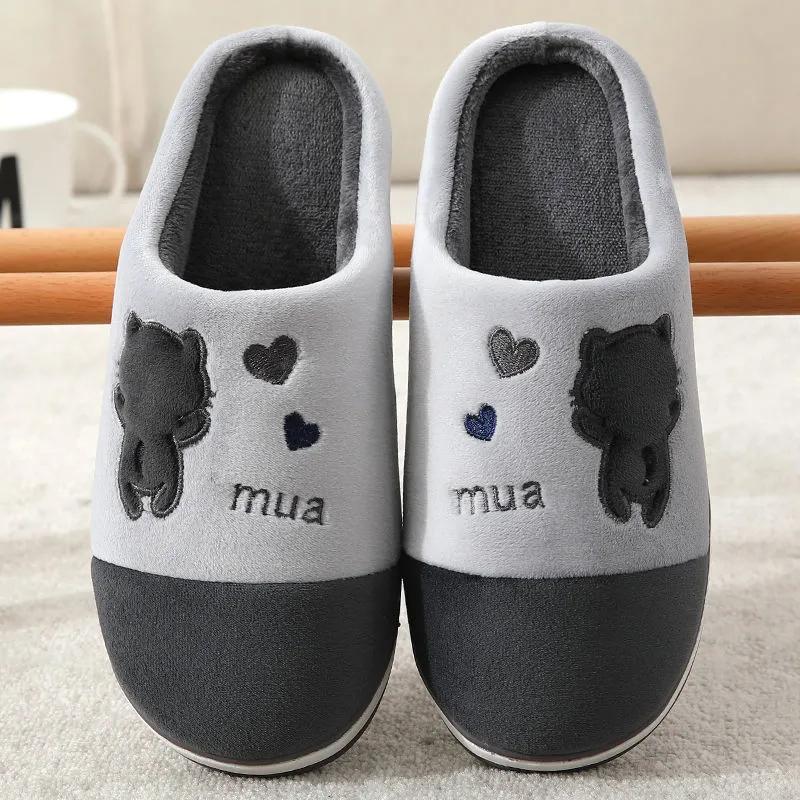 Cotton Slippers for Women Pink Cute Bear Heart Embroidery Home Slippers Thick Fleece Warm Shoes Mens Plus Size Slippers Home Non Slip Blue Black Gray