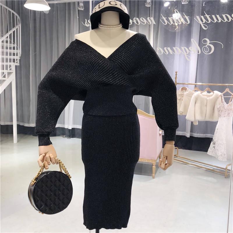 V-neck Women Knitted Skirt Suits Batwing Sleeve 2 Pieces Elegant Party Female Sweater Elegant Dress