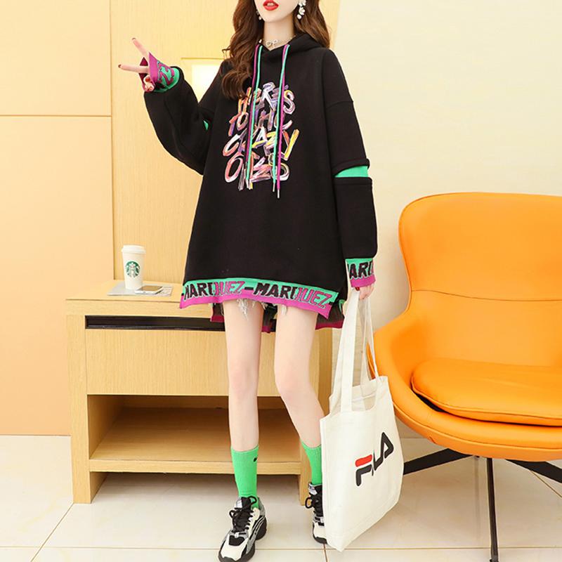 Middle Long Female Hooded Sweater Plus Velvet Thick Korean Coat Loose Wild Fashion Street Top