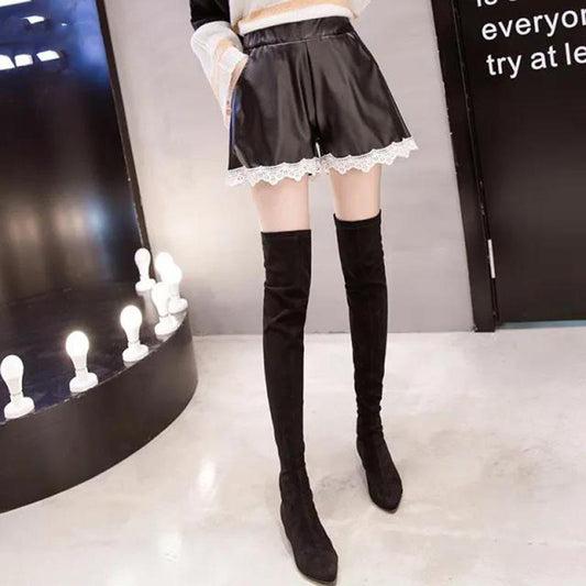 WTEMPO Black Lace High Waist Leather Short Pants Women Autumn and Winter Thin Elastic Waist Pockets Decor PU Leather Shorts