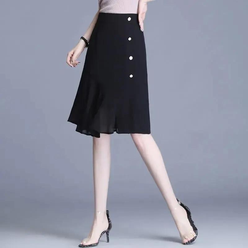 Woman Skirts Summer Casual A-line Skirt Elastic High Waist Loose Knee-length Skirts Female Chiffon Button Black Skirt