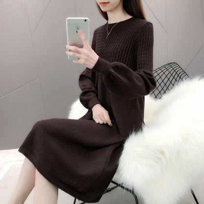 Knit Dress Women Autumn and Winter Loose Mid-length Over-the-knee Sweater Bottoming Tie Belt Slim-fit Sweater Dress Puff Sleeve Sweater