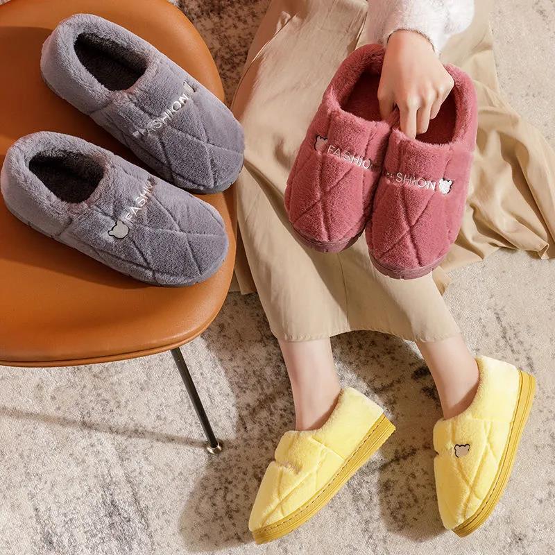 Home Slippers Thick-soled Cartoon Male Cotton Slippers Female Indoor Cute Plush Couple Cotton Slippers