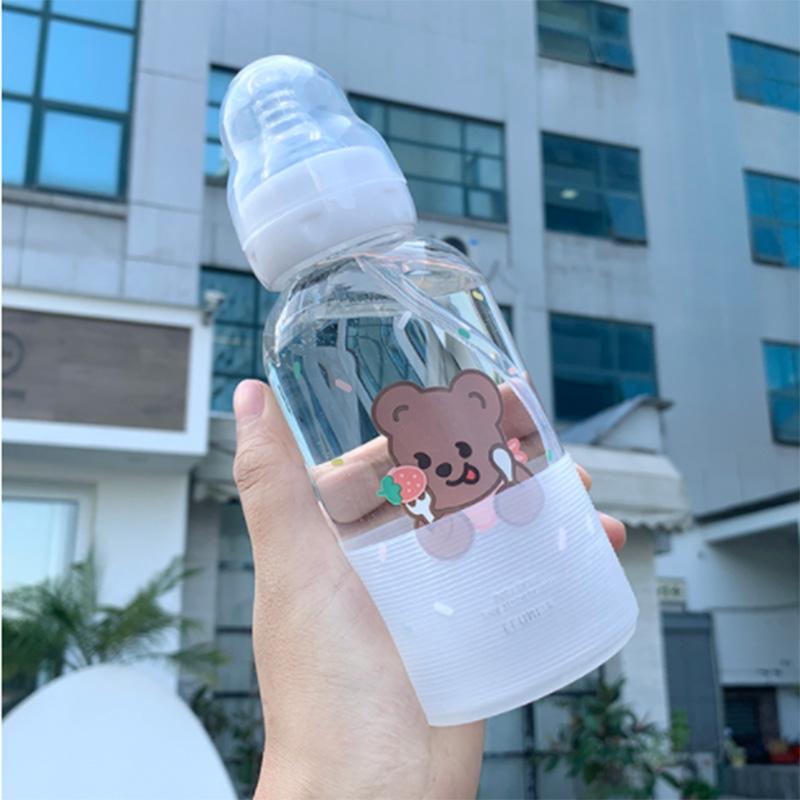 Cute Girl Glass  Water Bottle Creative Fashion Bear Pattern Personality Straw Cup Student Couple Portable Water Cup