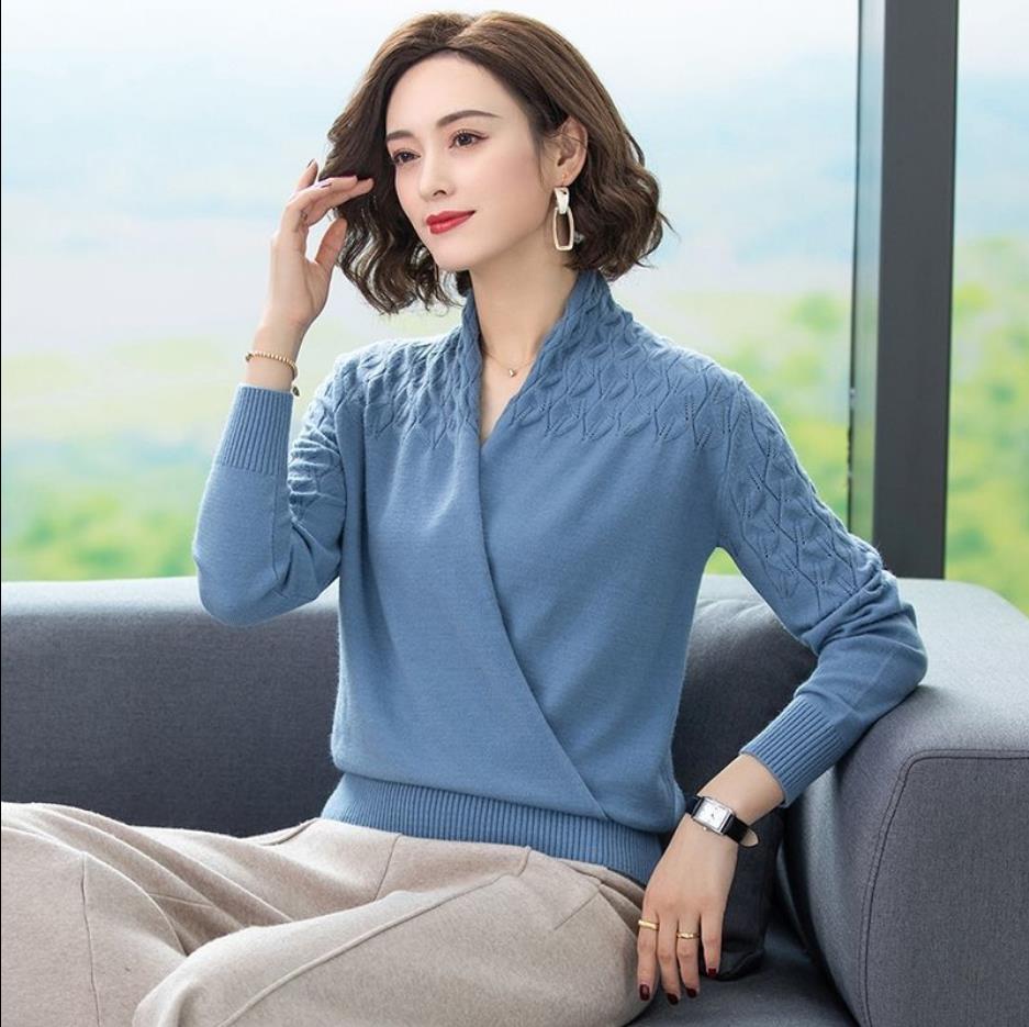 Autumn and Winter V-neck Crossover Ladies Sweater Temperament Gentle Knit Sweater Wear All-match Casual Loose Shirt