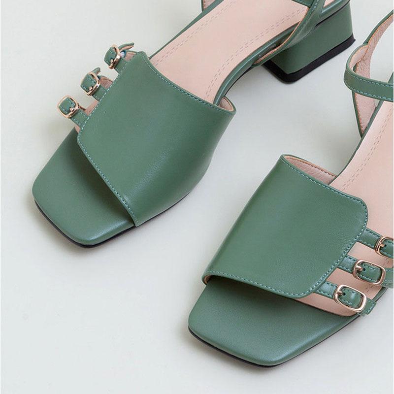 Women's Soft Leather Sandals Summer All-match Medium-heel Open-toe Sandal One Word Buckle Thick Heel Outer Wear Shoes Vintage Temperament Sandals