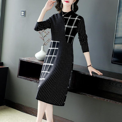 Dress Mid-length Autumn and Winter Knitted Long-sleeved High-end Bottom Stitching Skirt with Coat