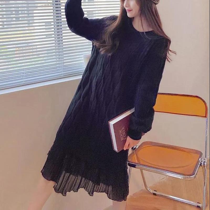 Sweater Dress Female Over-the-knee Base Skirt Mid-length Round Neck Pullover Long-sleeved Warm Sweater Lace Loose Sweet Wind