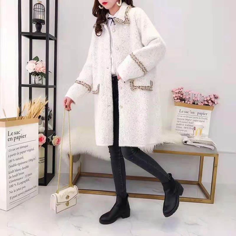 Autumn and Winter Models of Mink Fleece Knitted Jacket Mid-length Navy Collar Coat Coat Trendy Jacket Women