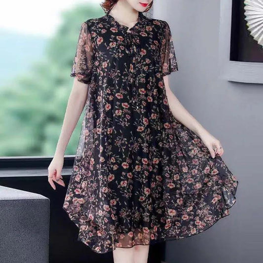 Summer Small Floral Mesh Mid-length Large Size Loose and Thin Short-sleeved Dress