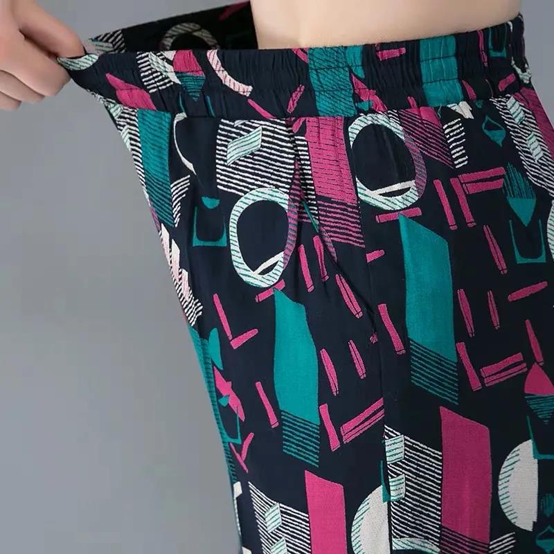 Women Summer Large Size High Waist Wide Leg Casual Pants Loose Elastic Waist Geometric Pattern Printed Thin Cropped Pants